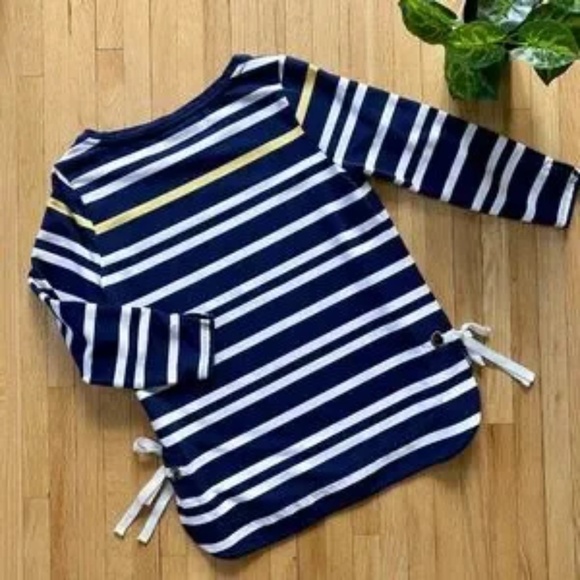 Charter Club Petite Small Striped High-Low Top Navy White Yellow Tie Detail - Picture 8 of 9